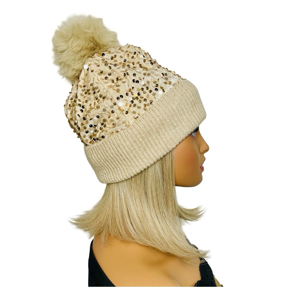 Chic Sequin-Embellished Knit Beige Beanie with Pom-Pom - Picture 4 of 4